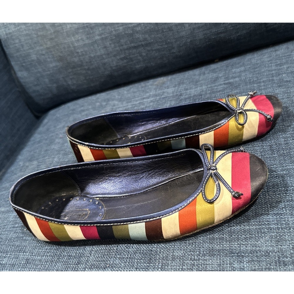 Coach Satin Multicolor Stripe Ballet Flats Blue Bow Slip On Shoes Women Size 6